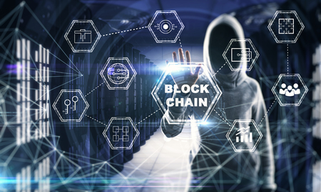 Hacker using blockchain interface in blurry polygonal server room interior. Cryptocurrency and innovation concept. Double exposureの写真素材