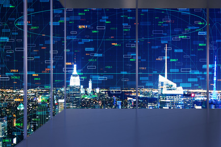 Minimalistic interior with night New York city view and forex chart on windows. Trade and innovation concept. Double exposureの写真素材