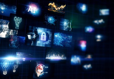 Creative dark digital picture gallery. Cloud computing and data concept. 3D Renderingの写真素材