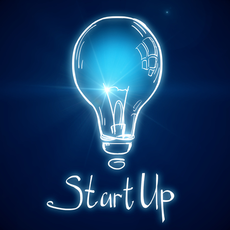 Creative glownig blue startup lamp on blurry background. Start up and idea concept. 3D Renderingの写真素材