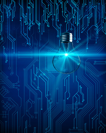 Creative glowing circuit lamp on dark background. Technology and idea concept. 3D Renderingの写真素材