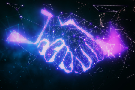 Creative polygonal handshake on blurry dark background. Network and teamwork concept. 3D Renderingの写真素材