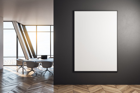 Modern meeting room interior with furniture, panoramic city view, daylight, wooden floor and empty banner on black wall. Mock up, 3D Renderingの写真素材