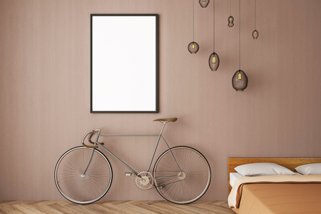 Modern bedroom interior with bicycle, empty poster on brown wall, bed, lamps and wooden floor. Design concept. Mock up, 3D Renderingの写真素材