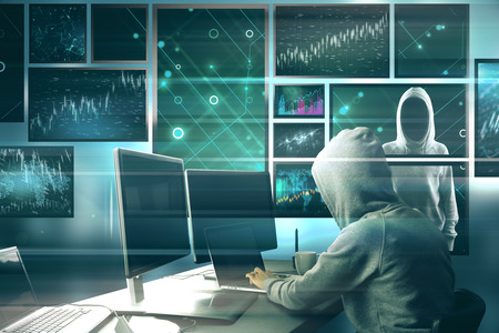 Hacking and access concept. Hacker at desktop using computer with digital business interface on...