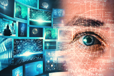 Access and technology concept. Abstract man portrait with face ID eye interface om blurry blue...