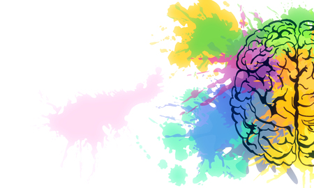 Creative colorful splatter brain sketch on subtle background. Brainstorm and art concet. 3D Renderingの写真素材