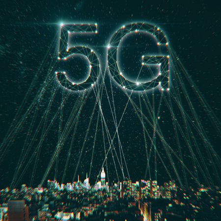 Creative 5G internet on night city texture with connections. Web network concept. Double exposureの写真素材