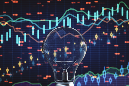 Creative blurry forex chart background with glass light bulb. Innovation, idea and market concept. 3D Renderingの写真素材