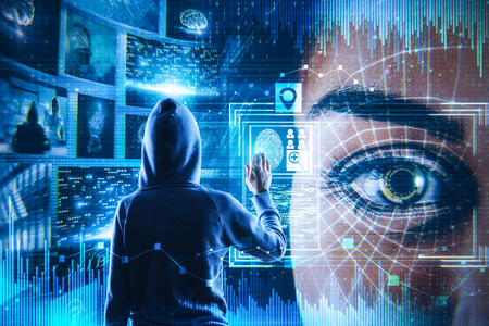 Hacker with biometric interface face ID. Hacking and futuristic concept. Double exposure