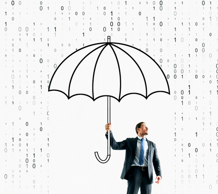 Businessman with drawn umbrella protecting himself from binary code rain on white background. Insurance, technology and safety conceptの写真素材