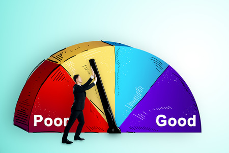 Businessman with abstract poor and good pie chart on subtle background. Growth and success conceptの写真素材