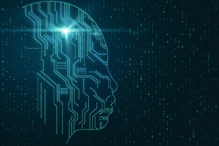 Creative glowing circuit head on binary code background. Artificial intelligence and software concept. 3D Renderingの写真素材