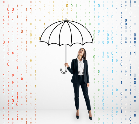 Attractive businesswoman with drawn umbrella protecting himself from binary code rain on white background. Insurance, technology and protect conceptの写真素材