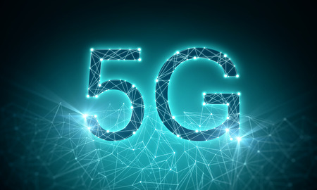 Creative 5G internet on blue polygonal backdrop. Web speed and design concept. 3D Rendering