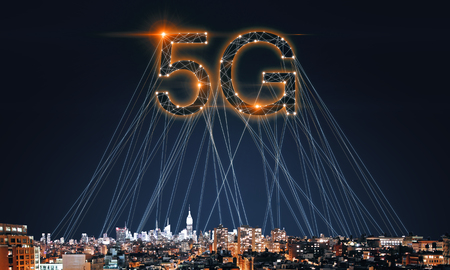 Creative 5G internet on night city backdrop with connections. Web network concept. Double exposureの写真素材