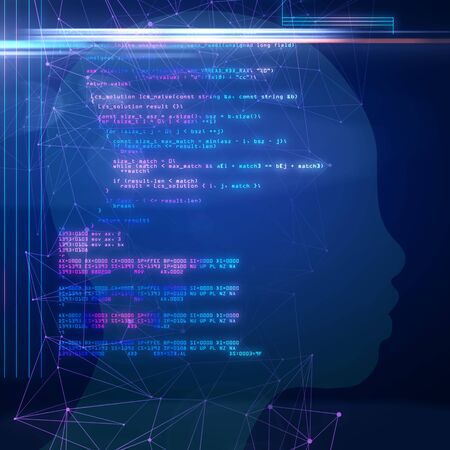 Creative programming backdrop with head outline. AI and coding concept. 3D Rendering