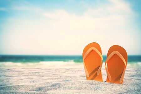Orange flip flops sticking out of sand on beautiful beach background. Vacation and lifestyle concept. 3D Renderingの写真素材