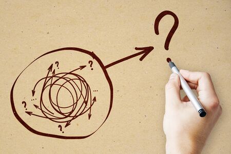 Solution and ask concept. Hand drawing creative arrow doodle on subtle paper background