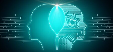 Creative circuit head outline on blue background. AI and technology concept. 3D Renderingの写真素材
