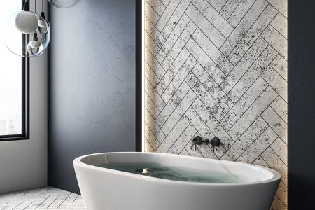 Contemporary grey bathroom interior with decorative tile wall, bath tub and lamps. 3D Rendering