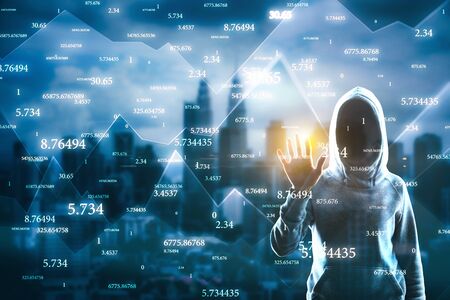 Hacker with abstract big data interface on blurry Kuala Lumpur city background. Software and hacking...