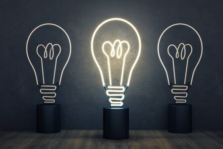 Glowing neon light bulb on concrete wall background. Idea and innovation concept. 3D Renderingの写真素材