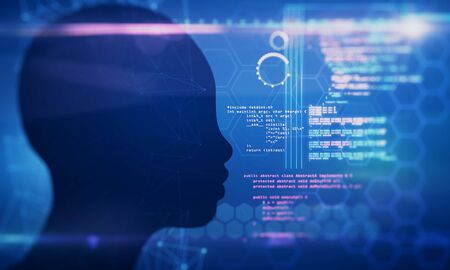 Abstract programming backdrop with head outline. AI and coding concept. 3D Rendering