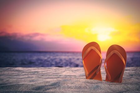Stylish flip flops sticking out of sand on beautiful beach background. Vacation and lifestyle concept. 3D Renderingの写真素材