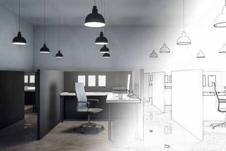 Hand drawn coworking office interior with furniture and lamps. Design and architecture concept. 3D...