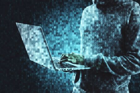 Abstract pixel hacker with laptop on blurry background. Technology and communication concept. Double...