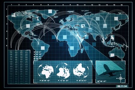 Abstract blue map interface on dark background. Global business and ai concept. 3D Renderingの写真素材