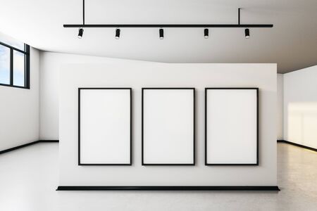 Modern white concrete gallery interior with city view, empty banner and daylight. Mock up, 3D Renderingの写真素材
