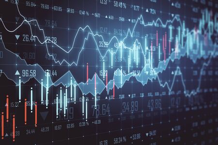 Glowing forex chart on blurry background. Trade and stats concept. 3D Rendering
