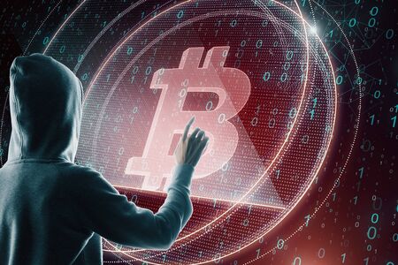 Hack with red bitcoin icon on binary code background. Cryptocurrency, finance, trade and e-commerce...