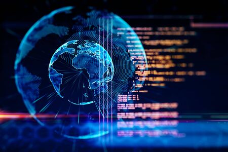 Abstract globe interface with html code. Global AI and software concept. 3D Rendering