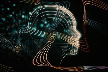 Side view of abstract head outline on blurry background. AI and innovation concept. 3D Rendering