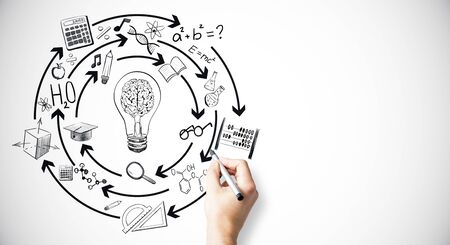 Creative hand drawn education sketch on light background. Knowledge and innovation conceptの写真素材