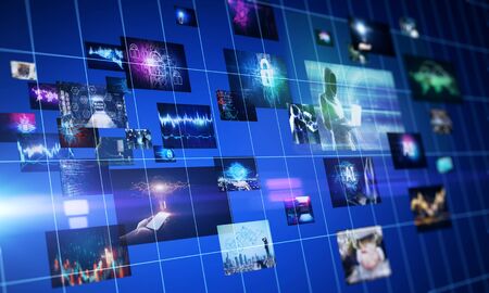 Abstract digital picture gallery on blurry background. Social media and network concept. 3D Renderingの写真素材