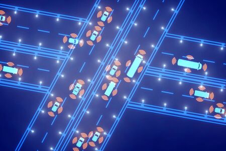 Taxi service concept. Bright digital app map searching for cars on blue road background. 3D...