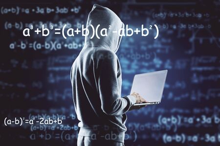 Hacker using laptop with abstract mathematical formulas. Computing, programming and algorithm...