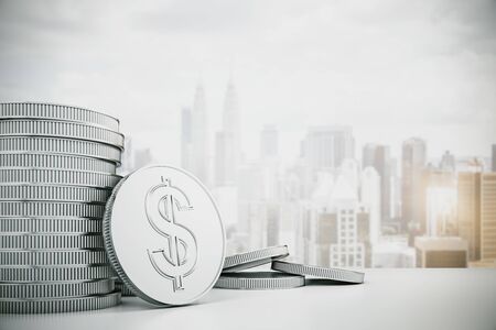 Creative silver dollar coin stacks on blurry Kuala Lumpur city background. Money and income concept. 3D Renderingの写真素材