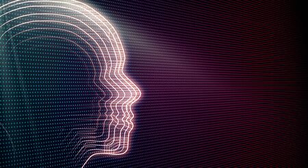 Side view of abstract head outline on blurry background. AI and flow concept. 3D Renderingの写真素材