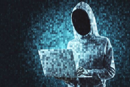 Abstract pixel hacker with laptop on blurry background. Technology and coding concept. Multiexposure