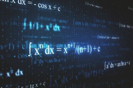Abstract glowing mathematical formulas backdrop with equations. Math, algorithm and complex concept....