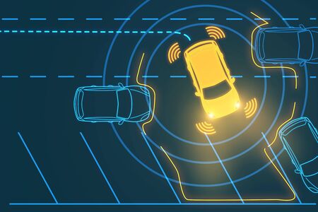 Taxi service concept. Creative digital app map searching for cars on blue road background. 3D...