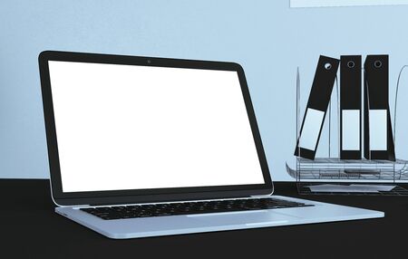 Close up of creative designer desktop with blank white laptop and supplies. Mock up, 3D Rendering