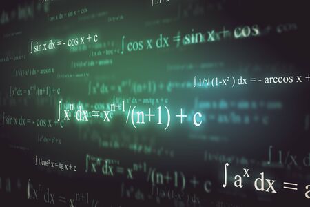 Abstract glowing mathematical formulas background with equations. Math, algorithm and complex concept. 3D Renderingの写真素材