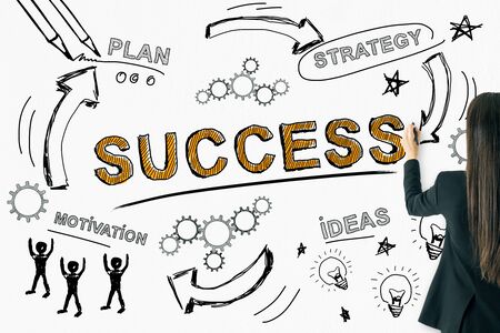 Success, finance and ideas concept. Businesswoman drawing creative business sketch on white backgroundの写真素材