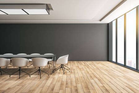 Contemporary boarding room interior with furniture, copy space and city view. 3D Rendering